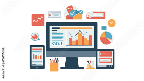 Digital Marketing Analytics Illustration with Graphs and Charts on Multiple Devices for Business Strategy and Data Analysis