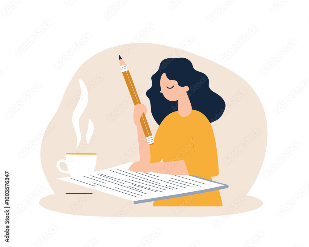 Young Woman Content Writer with Coffee Creating Bullet Journal or Blog - Minimalist SVG Vector Illustration Young Woman Content Writer with Coffee Creating Bullet Journal or Blog - Minimalist SVG Vector Illustration