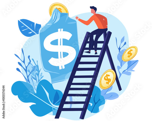 Businessman Climbing Money Ladder to Financial Independence, Wealth Planning and Investment Strategy Concept, Minimalist Flat Vector Illustration