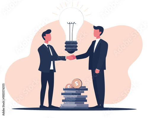 Entrepreneur Pitching Idea to Venture Capitalist Shaking Hands Over Stacked Coins and Lightbulb Artwork, Business Investment and Fundraising Concept