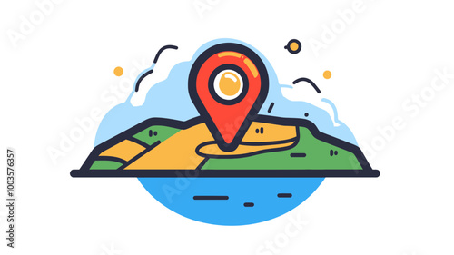 Colorful Location Pin Marker on Landscape Vector Icon for Travel and Map Navigation Concepts - GPS Positioning, Geolocation, Cartography, and Route Planning Graphic