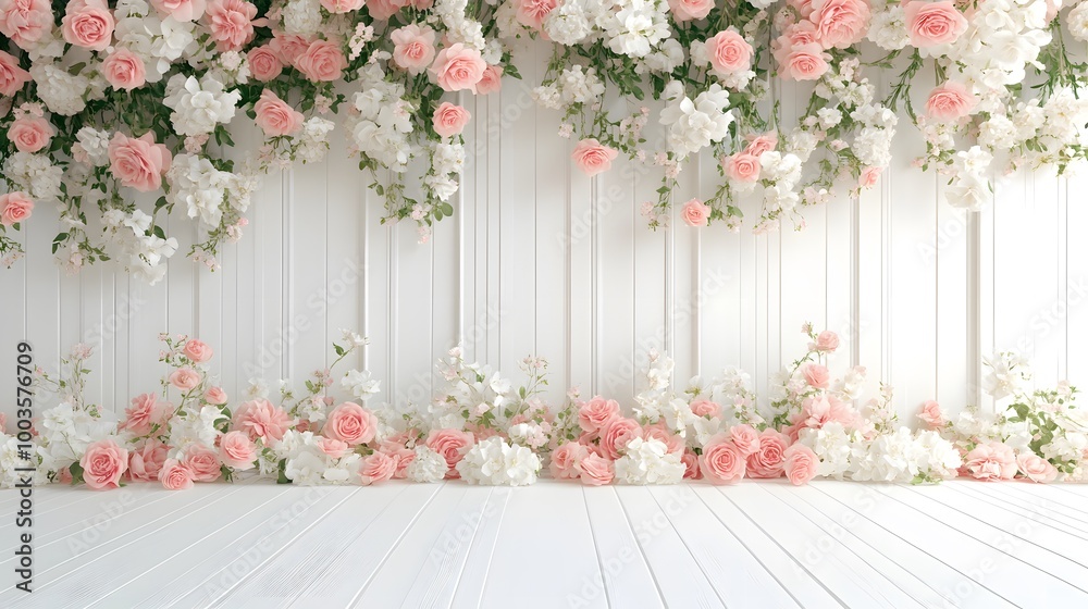 3D rendering of a white wall with floral decoration for a wedding photo studio background 3D rendering of a white wall with floral decoration for a wedding photo studio background