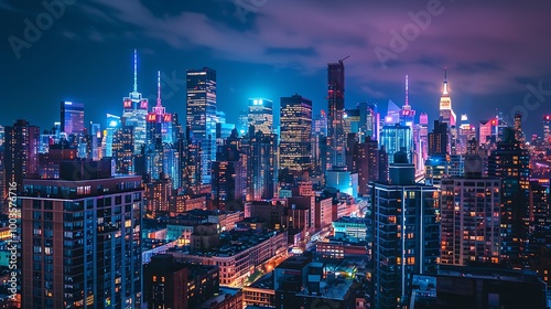 Wallpaper Mural Aerial view of a bustling city at night, featuring towering skyscrapers illuminated with vibrant lights. The scene showcases the vibrant energy and modern architecture of a thriving urban center. Torontodigital.ca