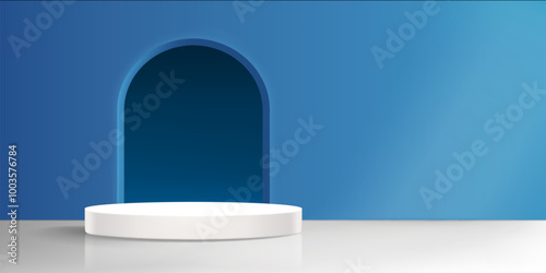 White cylinder product podium on floor of studio room with arch window in blue wall. Realistic 3d vector illustration of goods display mockup with arc hole. Template of empty minimalistic platform.