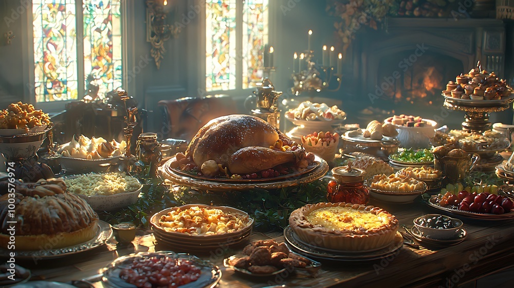 A Thanksgiving table glows with roasted turkey, candles, and the light from a stained glass window. A Thanksgiving table glows with roasted turkey, candles, and the light from a stained glass window.
