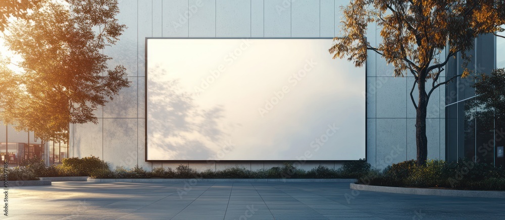 Blank billboard on a modern building with trees and landscaping. Blank billboard on a modern building with trees and landscaping.