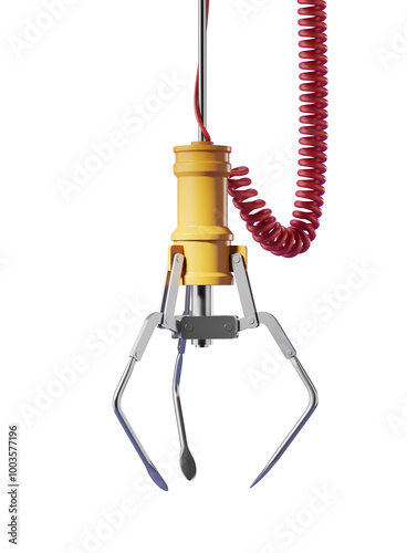 Obraz na plátně Closeup of a claw crane machine with a red coil cable and yellow body on a white background