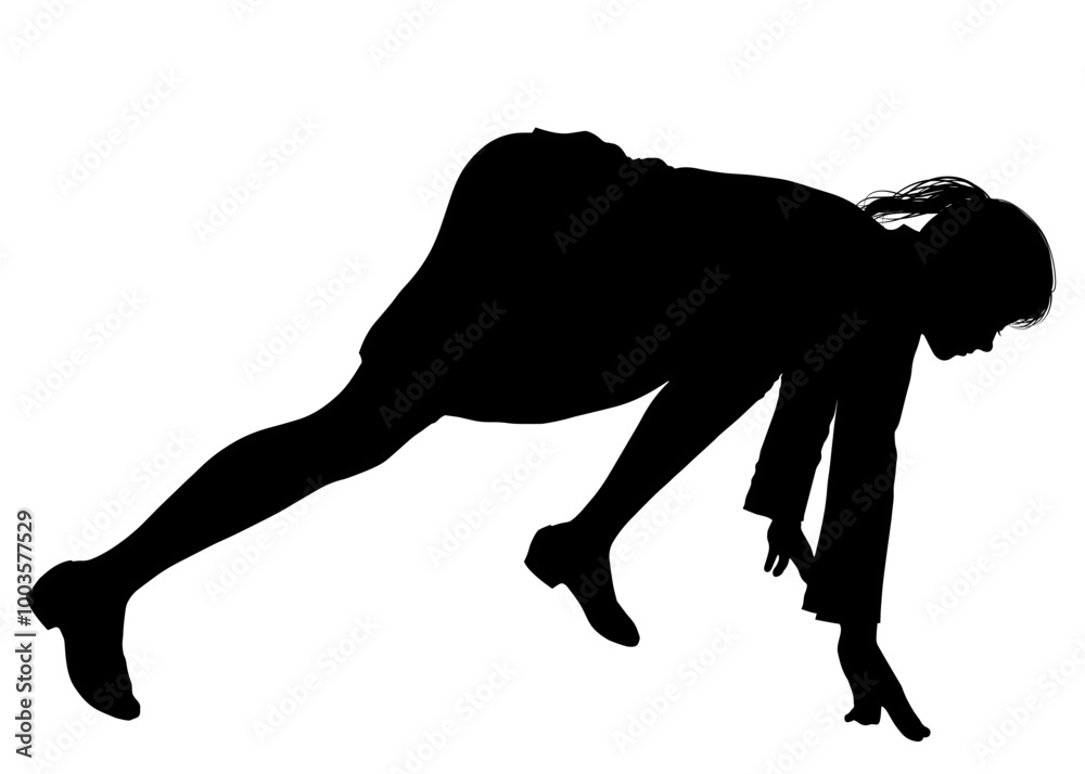 クラウチングスタート 女性OLがスーツでスタートダッシュするシルエット 全身右向きのイラスト