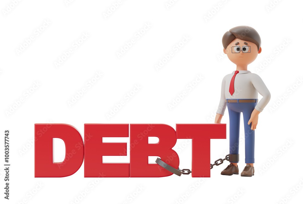 3D figure chained to large red debt text, on an isolated white background. Concept of financial burden and debt. 3D Rendering 3D figure chained to large red debt text, on an isolated white background. Concept of financial burden and debt. 3D Rendering