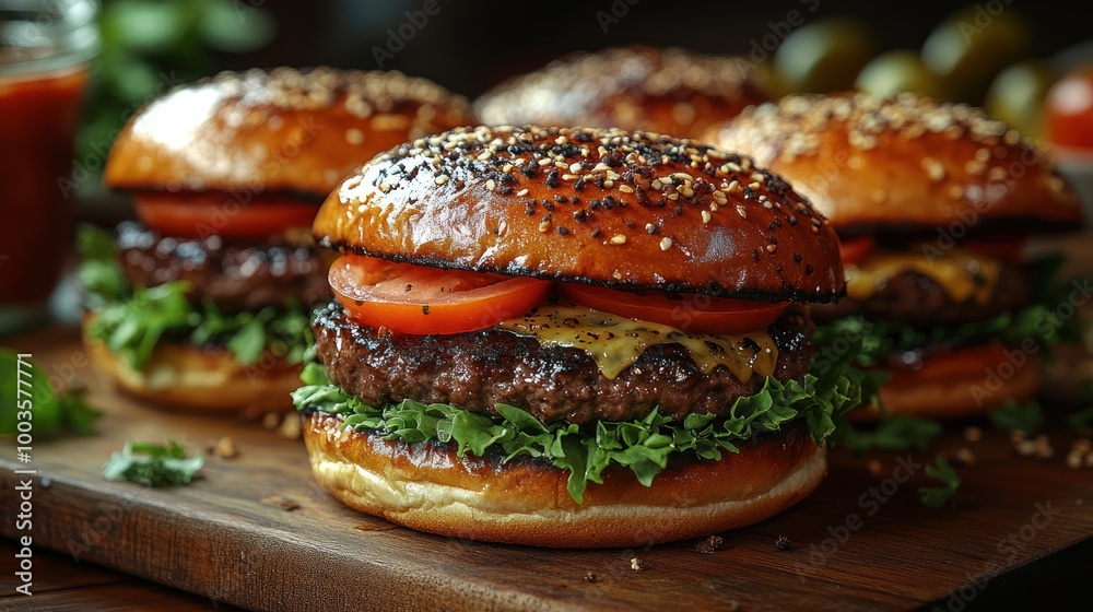 Close-up of three juicy burgers on a wooden board