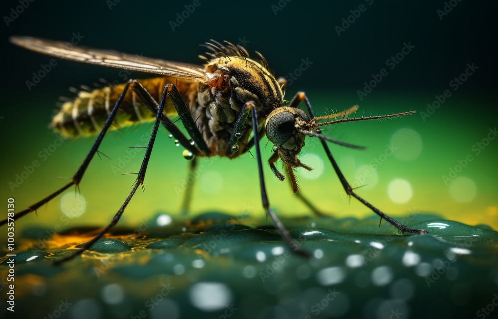 A close-up of a mosquito on the skin, captured through high-speed photography. The image features a green background with contrasting light and dark tones, creating a sense of colorism. 