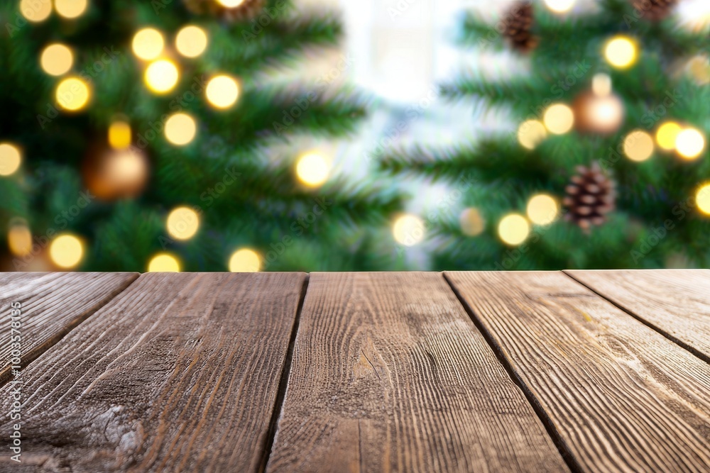 A wood table top with abstract Christmas holiday festive bokeh lighting on a blurred tree background is displayed as a montage of products A wood table top with abstract Christmas holiday festive bokeh lighting on a blurred tree background is displayed as a montage of products