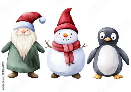 Watercolor isolated illustration of cute snowmen, teddy bears, penguins, and a Scandinavian dwarf wearing knitted hats and scarves.