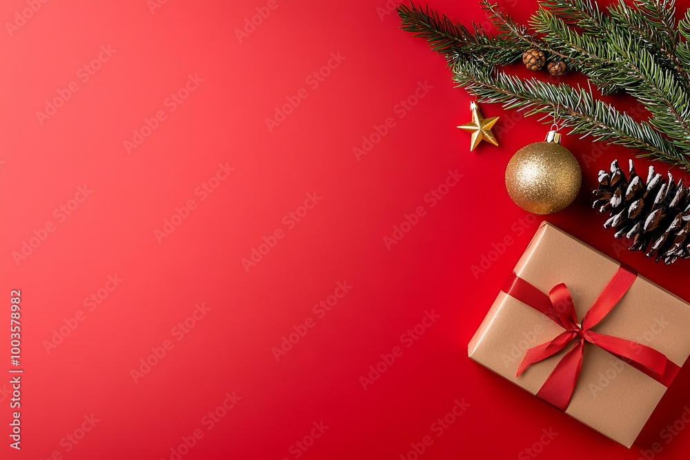 A flat lay of fir branches with decorations for Christmas on a red background. A space for text is available A flat lay of fir branches with decorations for Christmas on a red background. A space for text is available