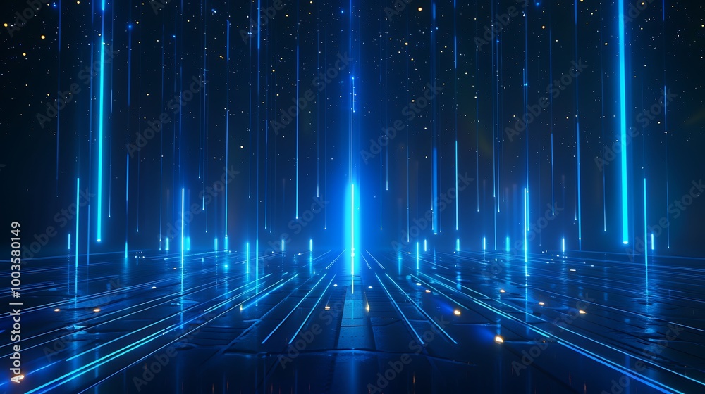 Futuristic blue lights creating an abstract digital landscape with beams and reflections.