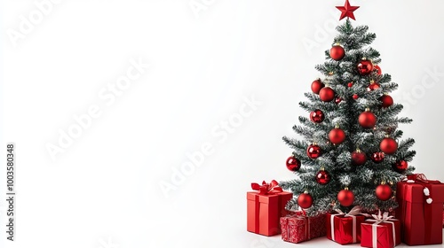 Festive christmas tree adorned with red decorations and gifts on a white background with ample copy space – perfect for holiday celebrations and seasonal promotions