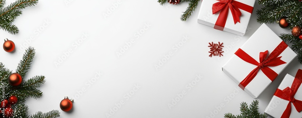 Xmas and New Year greeting card with fir branches, gift boxes, red ribbon, red decorations, sparkles, and confetti. Flat lay, top view. Xmas and New Year greeting card with fir branches, gift boxes, red ribbon, red decorations, sparkles, and confetti. Flat lay, top view.