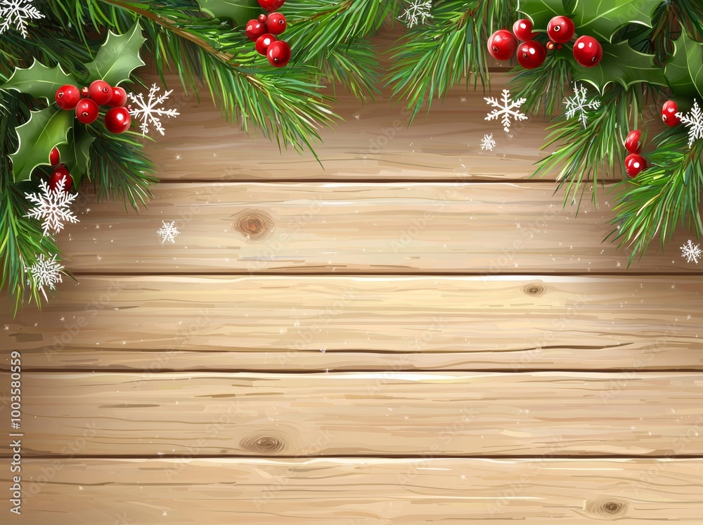 On a wooden board, decorations and snow are arranged for a Christmas background On a wooden board, decorations and snow are arranged for a Christmas background