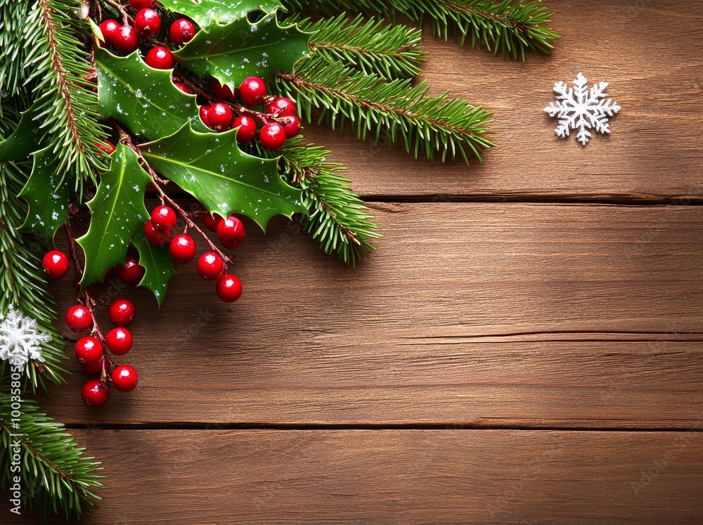 A wooden board with decorations and snow for a Christmas background A wooden board with decorations and snow for a Christmas background