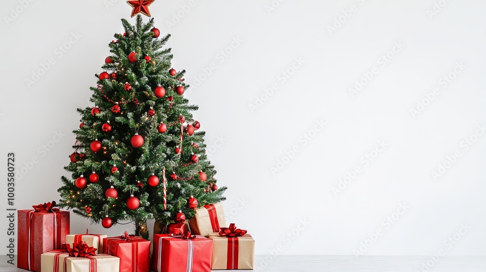 Festive christmas tree adorned with red decorations and gifts on a white background with ample copy space – perfect for holiday celebrations and seasonal promotions Festive christmas tree adorned with red decorations and gifts on a white background with ample copy space – perfect for holiday celebrations and seasonal promotions