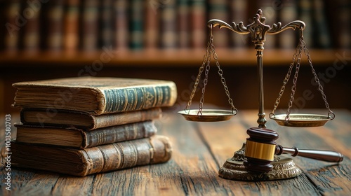 A vintage gavel and scales of justice beside stacked law books on a wooden table.