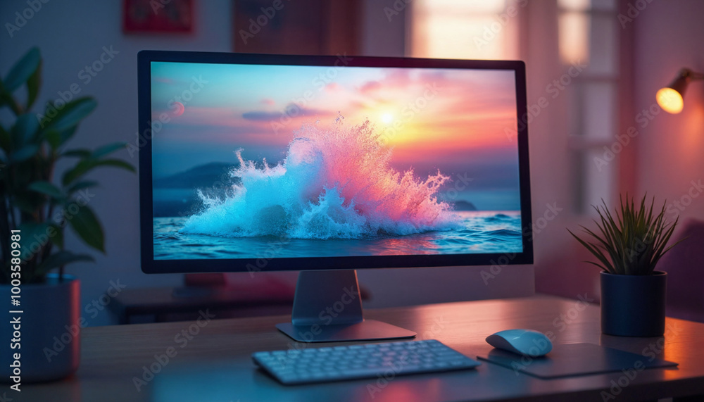 Fototapeta premium A computer monitor with a splash of water on the screen