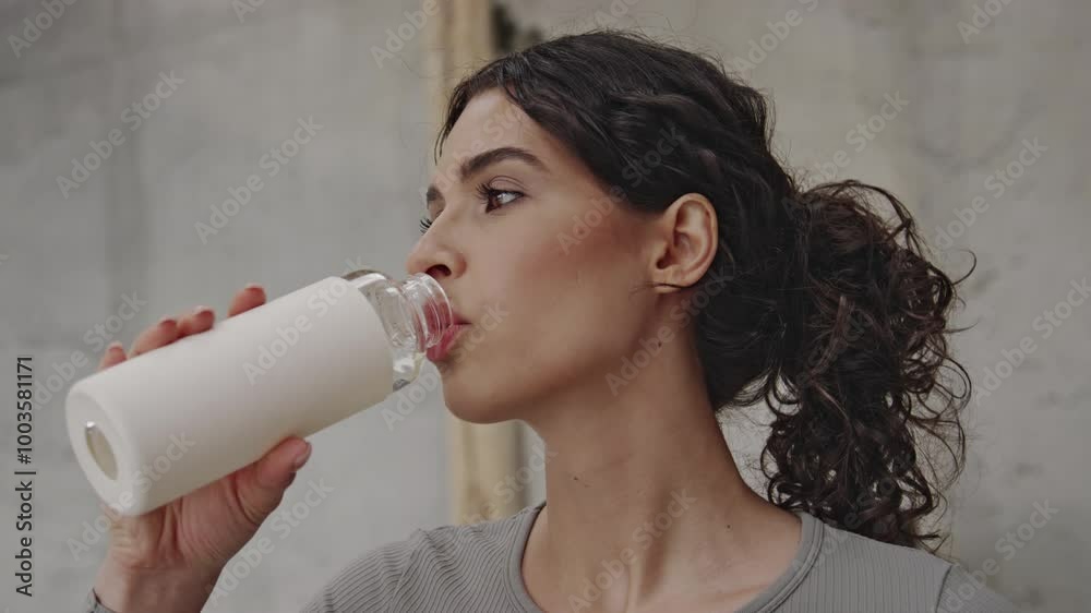 Slow motion shot of young Caucasian woman with long curly hair drinking fresh water from reusable bottle Slow motion shot of young Caucasian woman with long curly hair drinking fresh water from reusable bottle