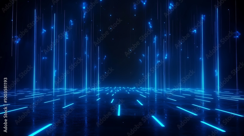 Futuristic digital landscape with glowing blue lines and cybernetic atmosphere. Futuristic digital landscape with glowing blue lines and cybernetic atmosphere.