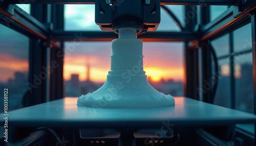 A 3D printer is in the process of creating a white object