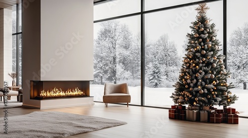 Cozy holiday table setting with christmas tree and fireplace  perfect for festive celebrations and seasonal gatherings  featuring ample copy space for text or graphics