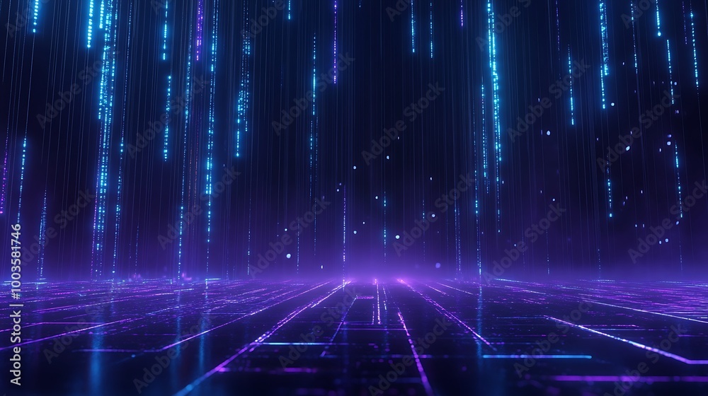Futuristic digital landscape with glowing lines and neon colors, ideal for tech and sci-fi themes.