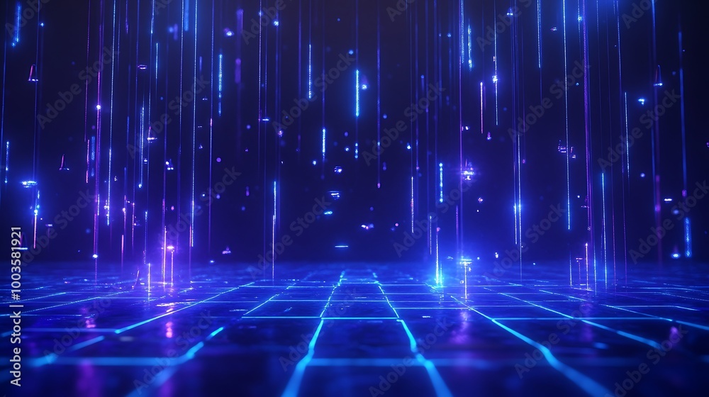 Futuristic digital landscape with vibrant blue light streams and grid pattern, creating a mesmerizing visual effect. Futuristic digital landscape with vibrant blue light streams and grid pattern, creating a mesmerizing visual effect.