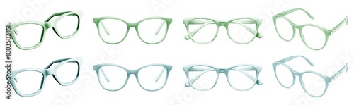 2 Set of pastel light green turquoise blue rimmed frame spectacles specs eyeglasses eye glasses eyewear with semi transparent clear lens on cutout PNG. Many different angle. Mockup template for design photo