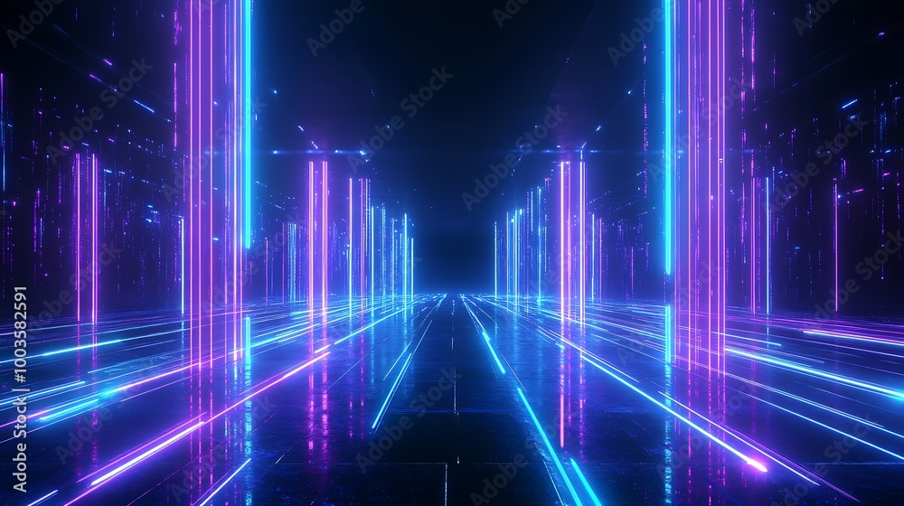 Futuristic neon corridor with vibrant light beams, creating a captivating digital atmosphere. Futuristic neon corridor with vibrant light beams, creating a captivating digital atmosphere.