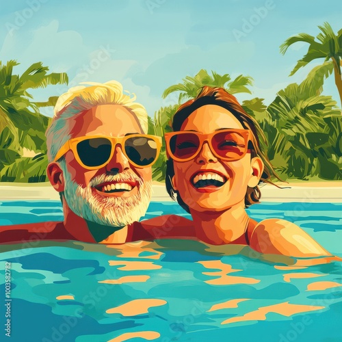 Happy mature couple has fun in the pool and enjoys the summer. Smiling and laughin at sunshine. Generative Ai photo