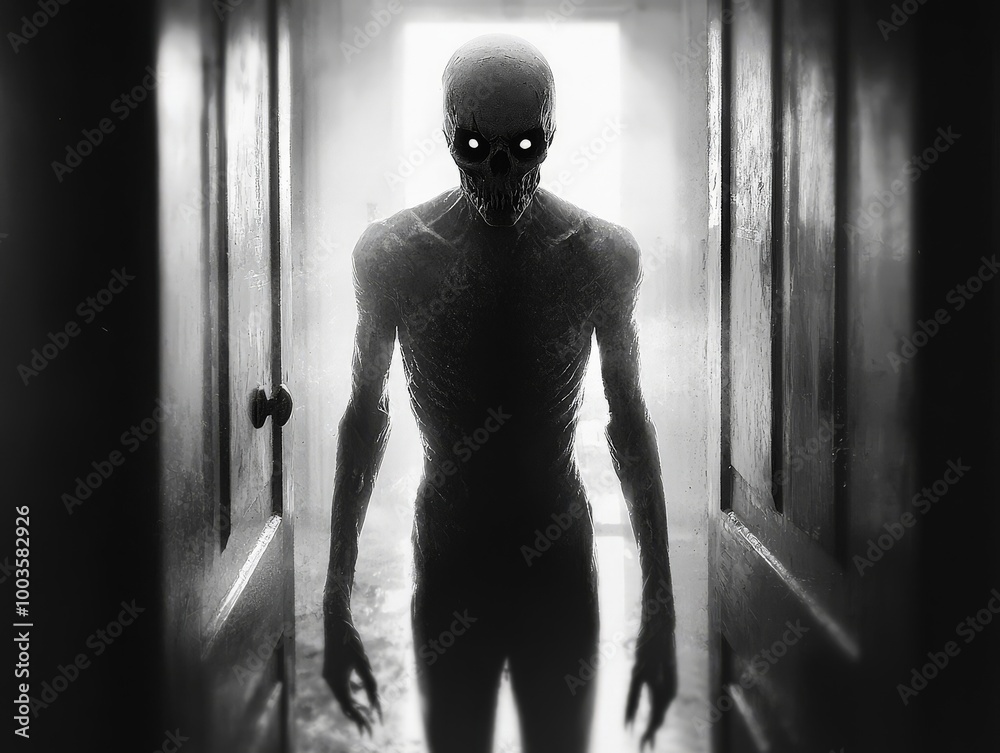 A figure with a ghostly, skeletal face, standing in a doorway, watching silently with hollow eyes A figure with a ghostly, skeletal face, standing in a doorway, watching silently with hollow eyes