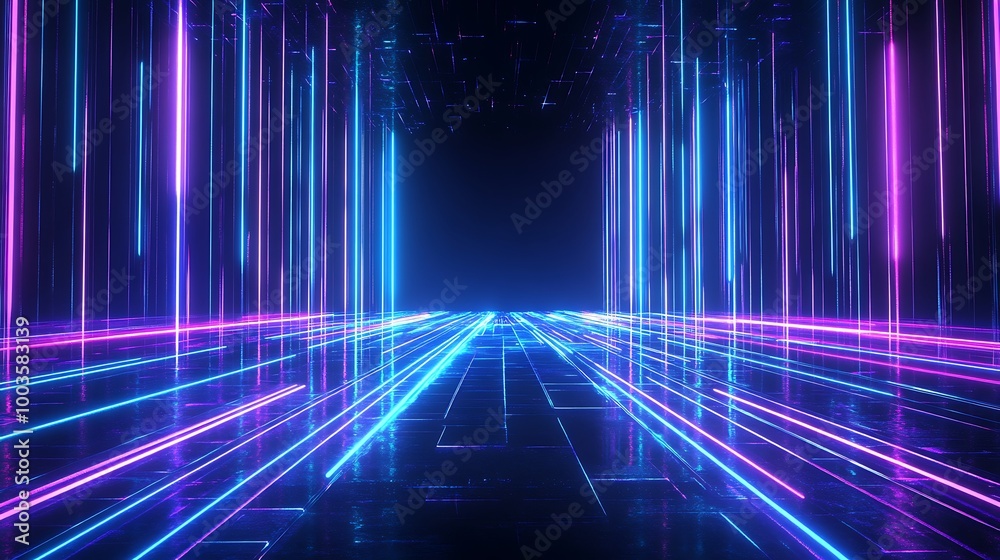 Futuristic neon lights create a vibrant pathway in a dark setting, ideal for digital art and background designs. Futuristic neon lights create a vibrant pathway in a dark setting, ideal for digital art and background designs.