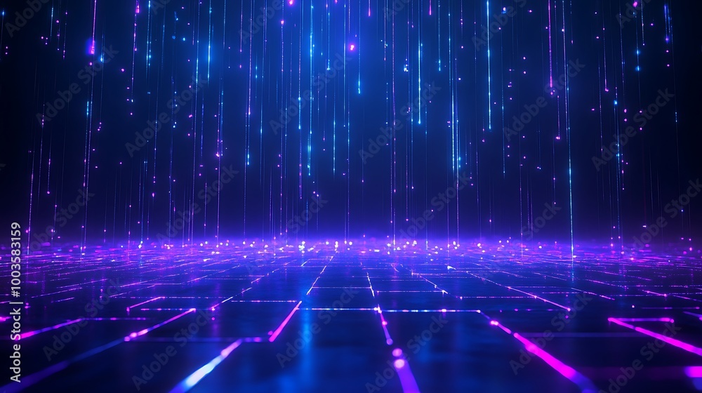 Obraz premium Futuristic neon lights creating a digital landscape with glowing lines and particles in a vibrant blue and purple space.
