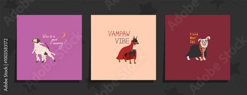 Set of Happy Halloween vector illustrations on a dark background. Dogs in cute Halloween costume. Hand drawn funny lettering. Ideal for holiday cards, decorations, invitations and stickers