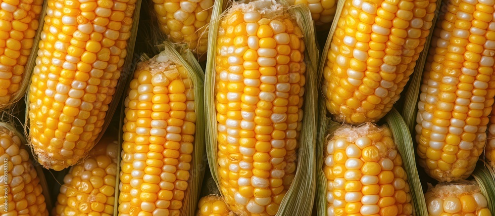 Close-up shot of freshly picked corn on the cob, showing off the golden kernels and husk. Close-up shot of freshly picked corn on the cob, showing off the golden kernels and husk.
