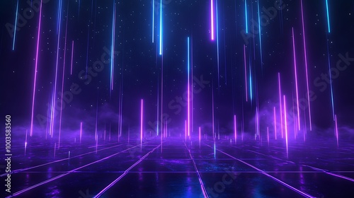 Futuristic neon lights with vertical beams shining over an abstract grid surface.