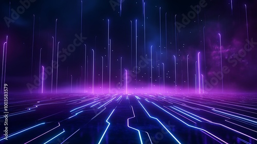 Futuristic neon lines and dark background create a digital landscape for creative projects.