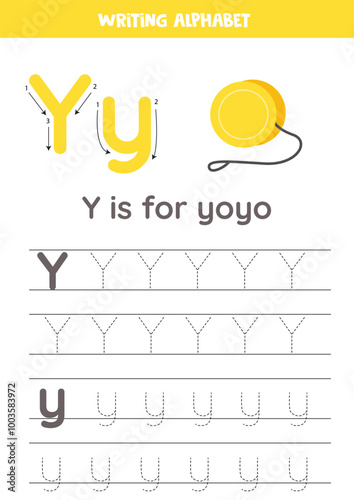 Tracing alphabet letters for kids. Toys alphabet. Y is for yoyo.