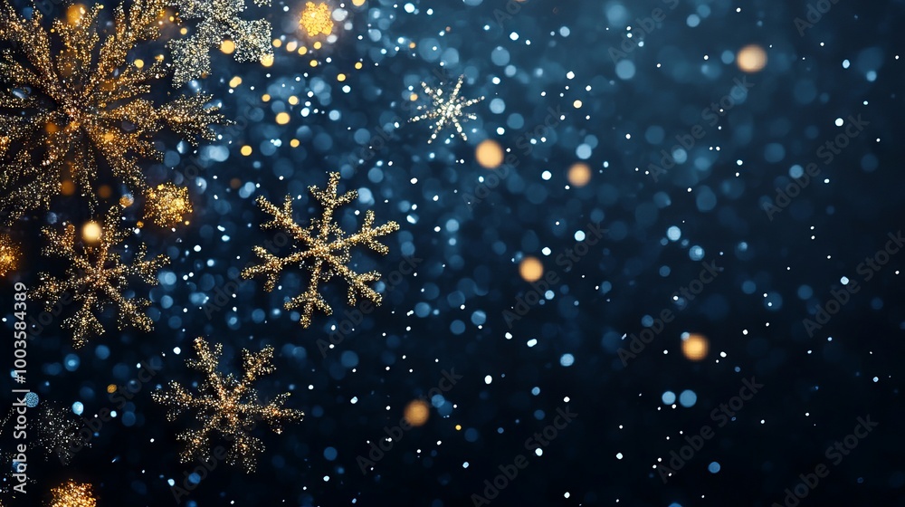 Festive christmas background with glittering snowflakes on navy blue winter backdrop