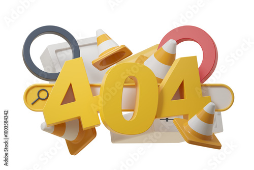 Fototapeta Naklejka Na Ścianę i Meble -  3D illustration of a 404 error page with yellow traffic cones and search icons on a white background. Concept of website error. 3D Rendering