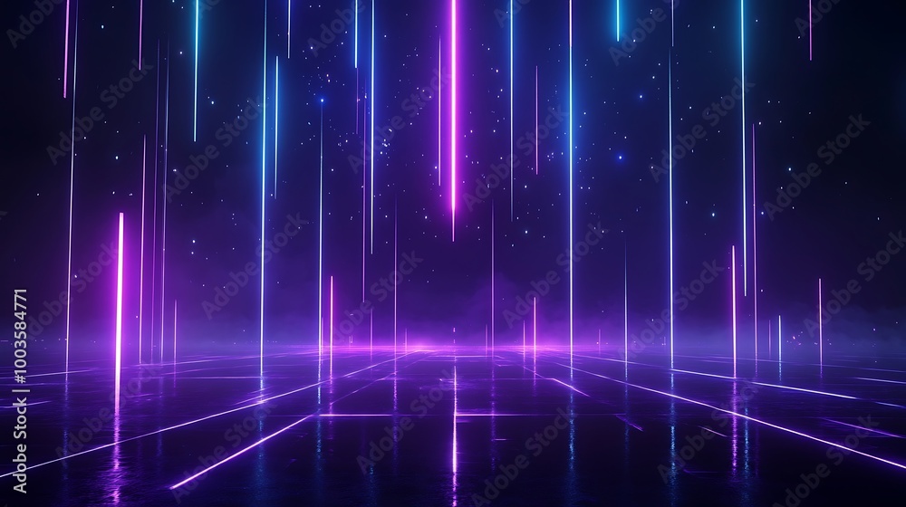 Obraz premium Vibrant, colorful neon lines descending against a dark background, creating a dynamic and futuristic atmosphere.