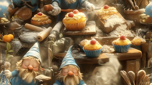 Gnomes baking cakes and cupcakes in a tiny kitchen, surrounded by flour, sugar, and rolling pins, with vibrant pastries and soft pastel tones, whimsical and cozy art style. photo