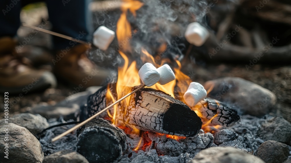 Campfire with marshmallows being roasted on sticks. Campfire with marshmallows being roasted on sticks.
