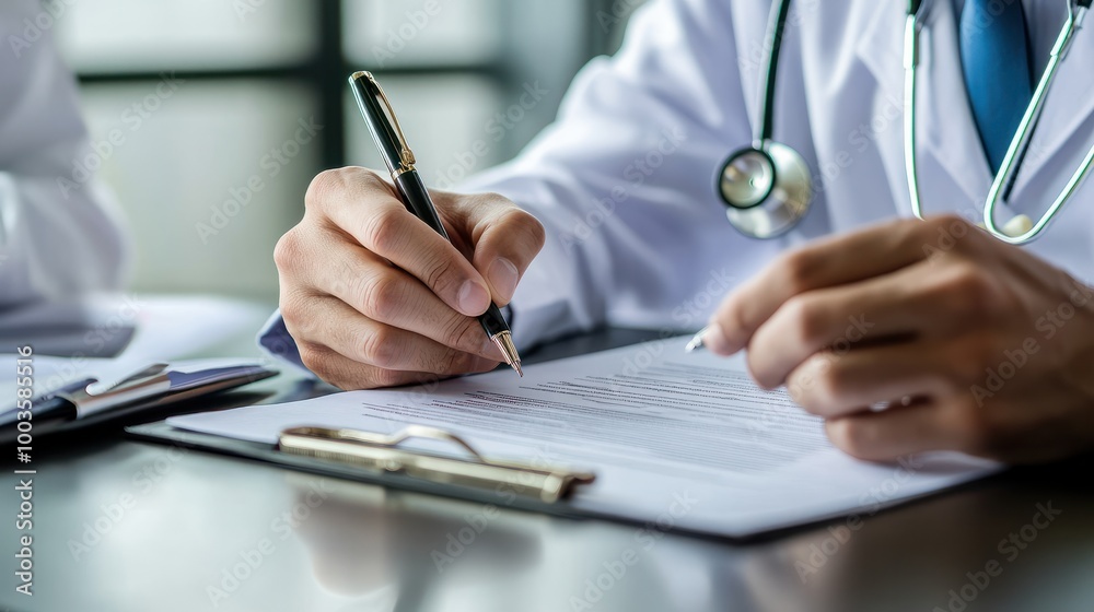 Lawyer assisting client in signing contract pointing at document Businessman filling out medical insurance form. Concept Legal Services, Contract Signing, Business Consultation