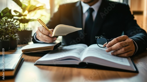 Lawyer, legal advisor, businessman brainstorming information on agreement details Business contracts in legal processing books for accuracy in contract documents. joint financial investment